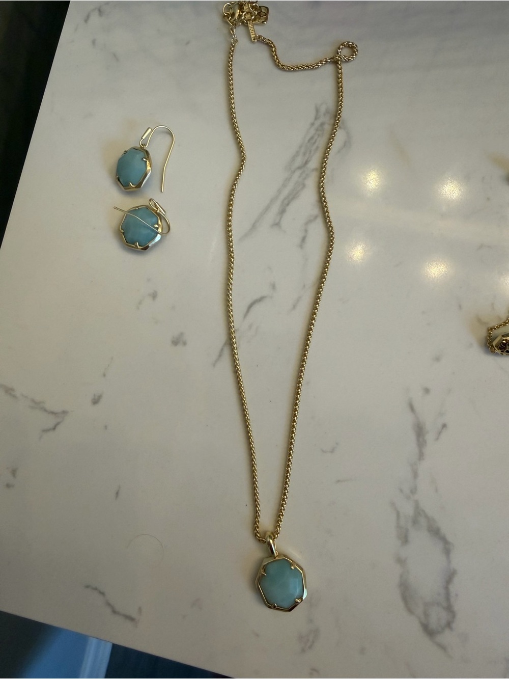 Kendra Scott Gold Necklace and Earrings Set with Light Turquoise Stones